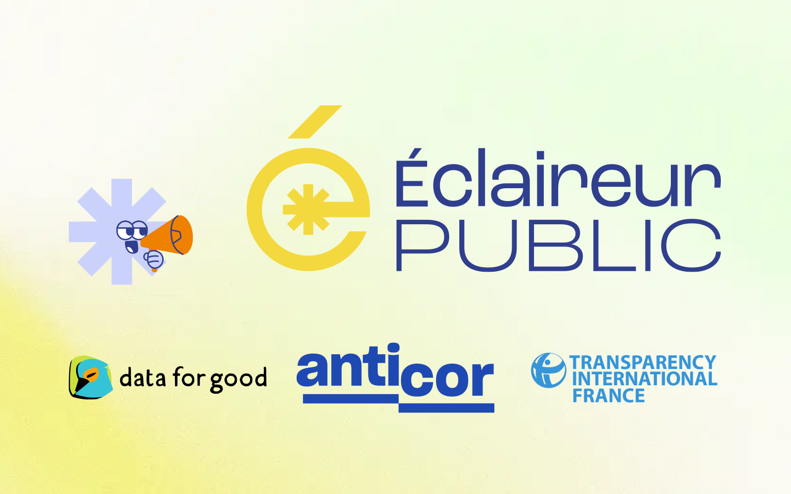 Bannière représentant les logos d'Éclaireur Public, de Data For Good, d'Anticor et de Transparency International France